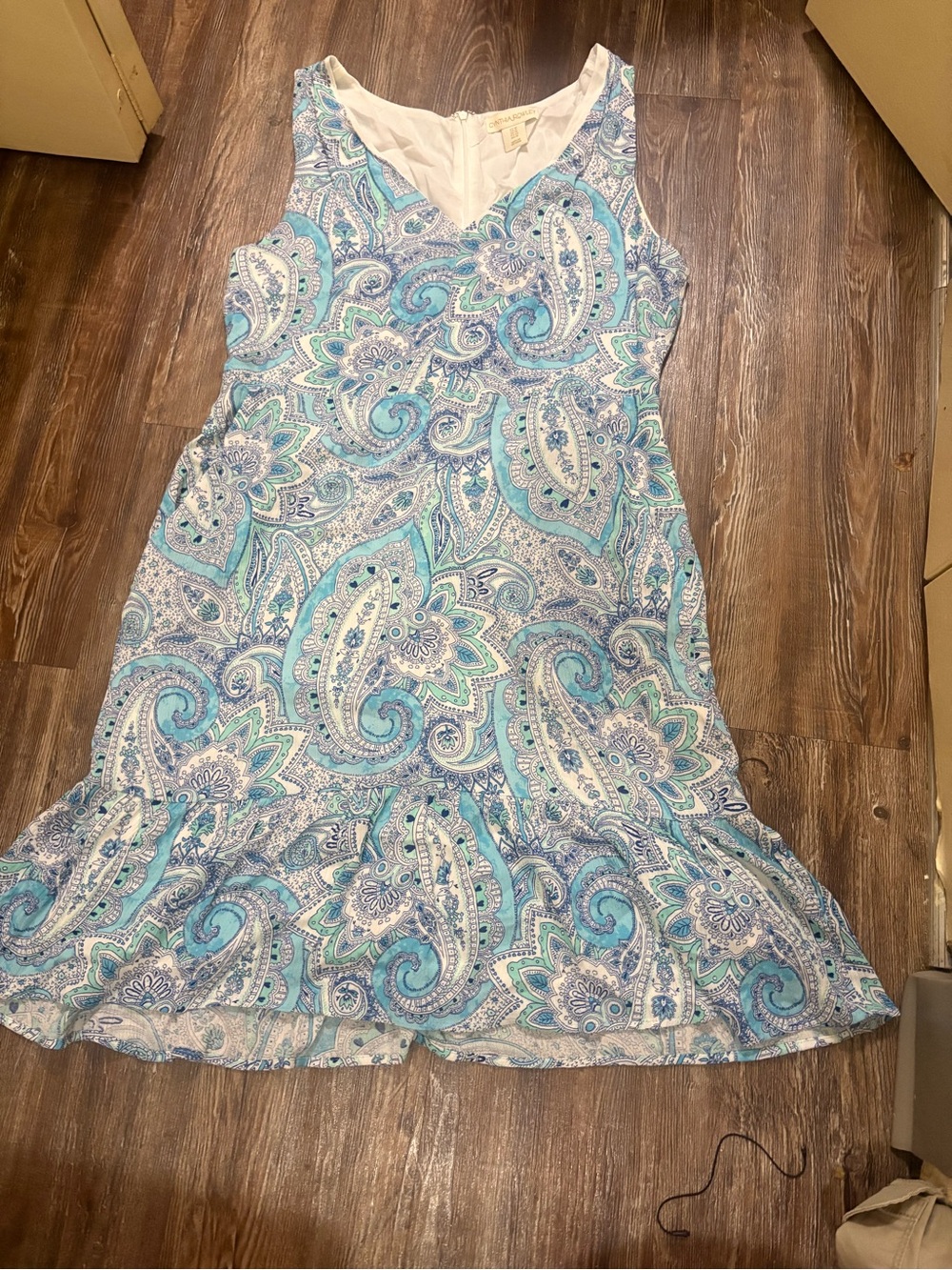 Cynthia Rowley Teal and White Paisley V-Neck Sundress